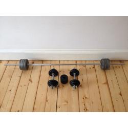 Bodymax 6 foot barbell with 20kg weights and York 20kg dumbbell set