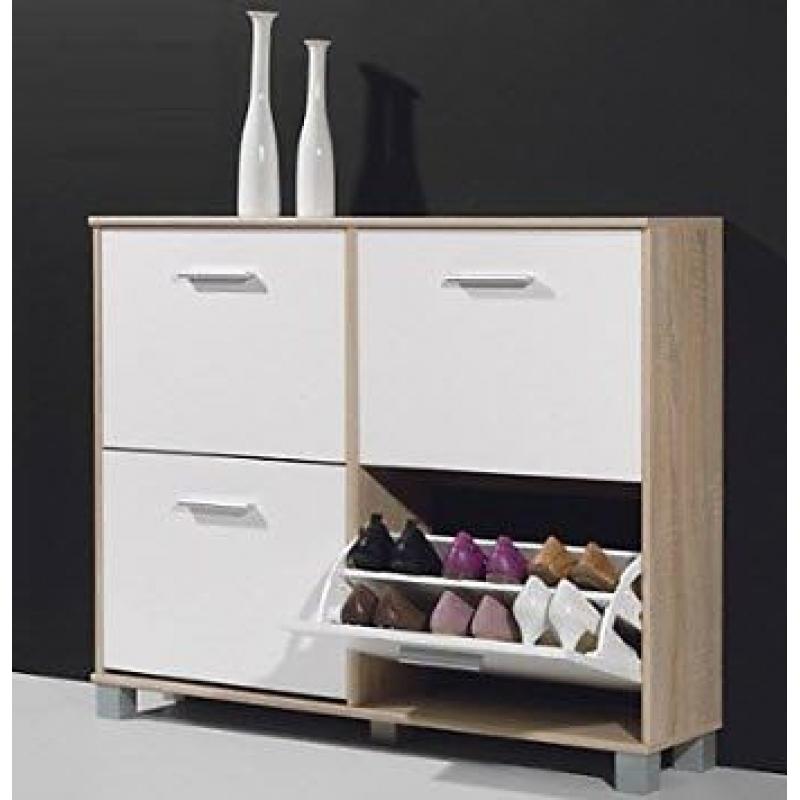 ZANDOS MODERN SHOE CABINET IN CANADIAN OAK AND WHITE WITH 4 DOORS