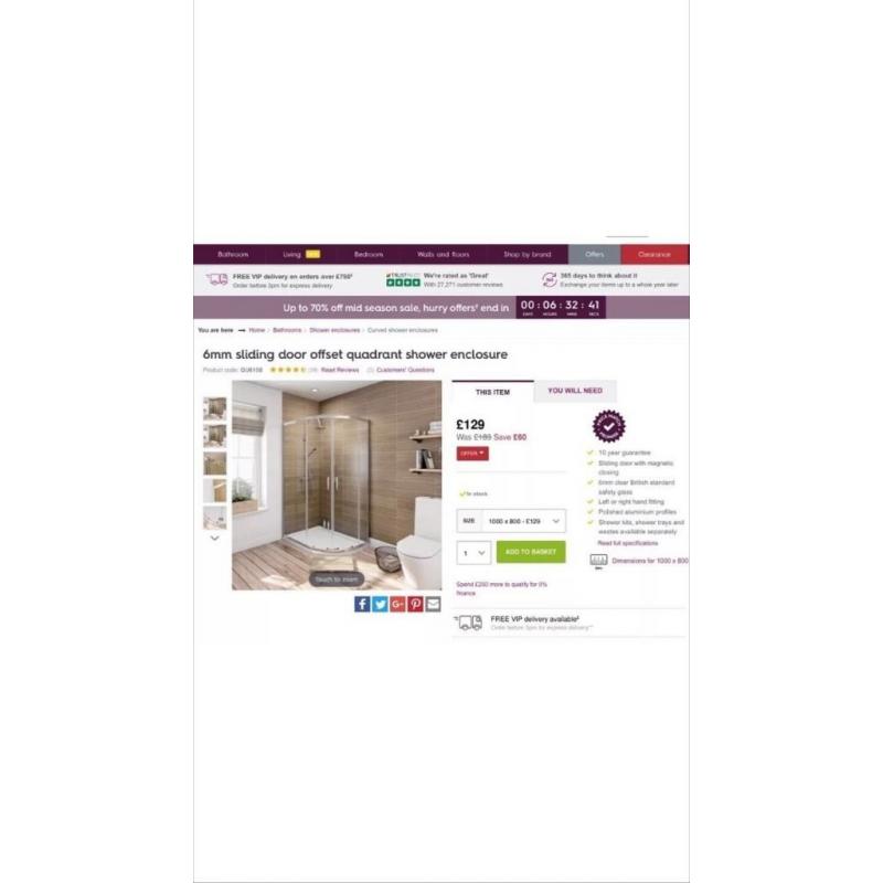 Victoria Plum Curved quadrant shower cubicle 1000 x 800 .Brand new still boxed.