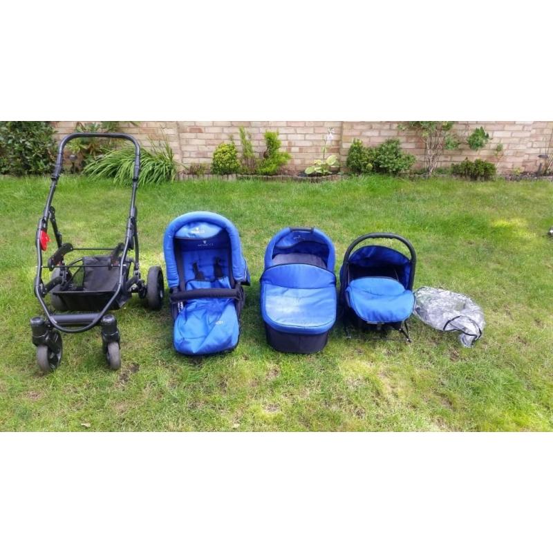 Chelsea/royal blue 3 in 1 pushchair, pram baby seat travel system