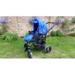 Chelsea/royal blue 3 in 1 pushchair, pram baby seat travel system