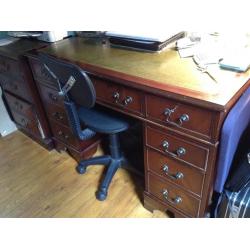 Desk, filing cabinet, chair and banker's lamp