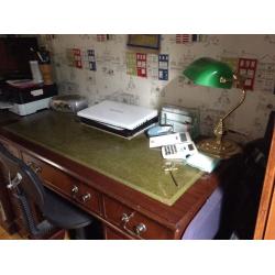 Desk, filing cabinet, chair and banker's lamp