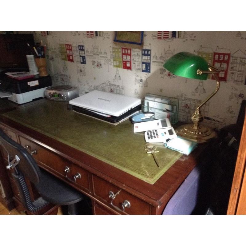 Desk, filing cabinet, chair and banker's lamp