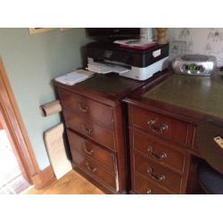 Desk, filing cabinet, chair and banker's lamp