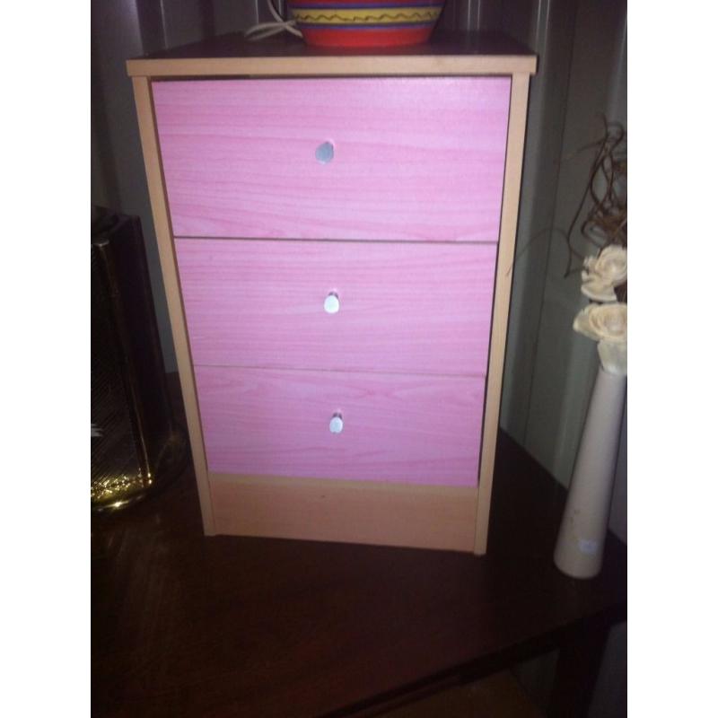 Lovely pink fronted bedside chest of drawers