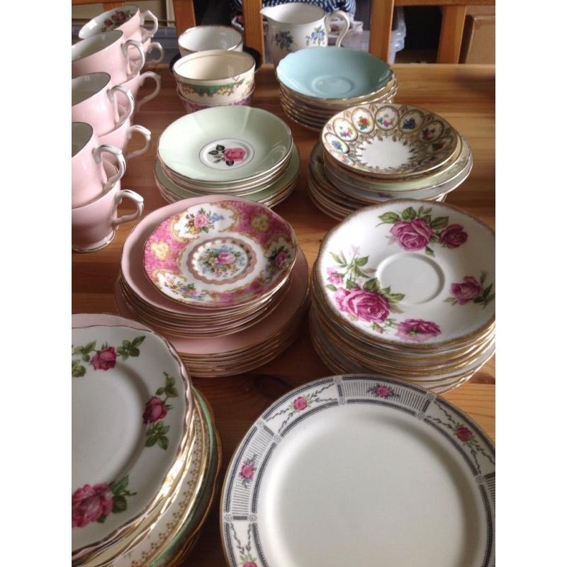 Pretty Vintage mixed teacups saucers and plates