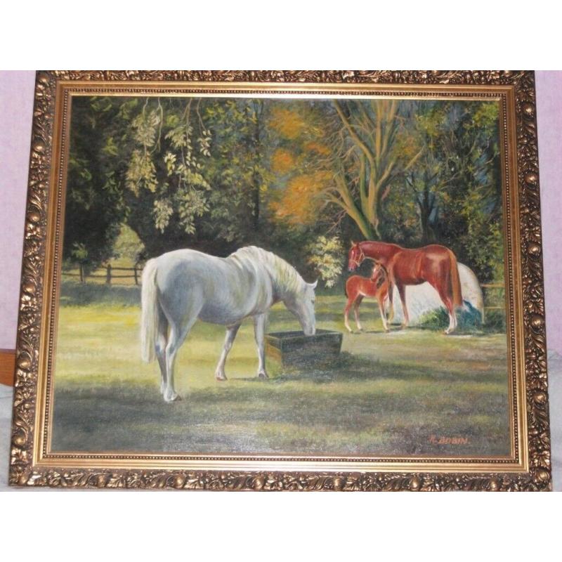 Large Framed picture Horses water trough by K Bobin 29 x 34 inches oil on board