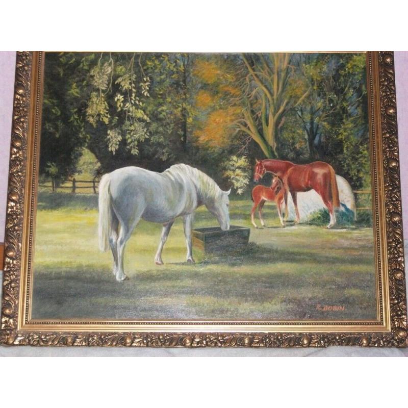 Large Framed picture Horses water trough by K Bobin 29 x 34 inches oil on board