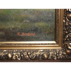 Large Framed picture Horses water trough by K Bobin 29 x 34 inches oil on board