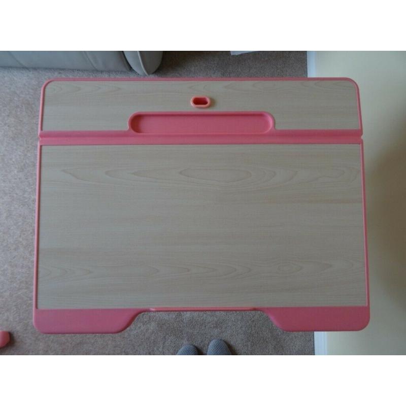 Height adjustable childs pink study desk with lifting lid & storage plus Chair